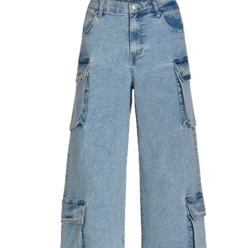 New Women’s Madden NYC Denim Wide Leg Cargo Jeans with Rhinestone Accents